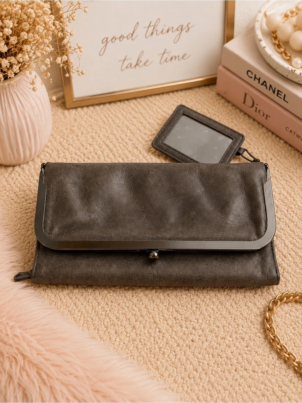 Vintage HOBO Gray Leather Frame Clutch with Floral Lining and Brown Accents